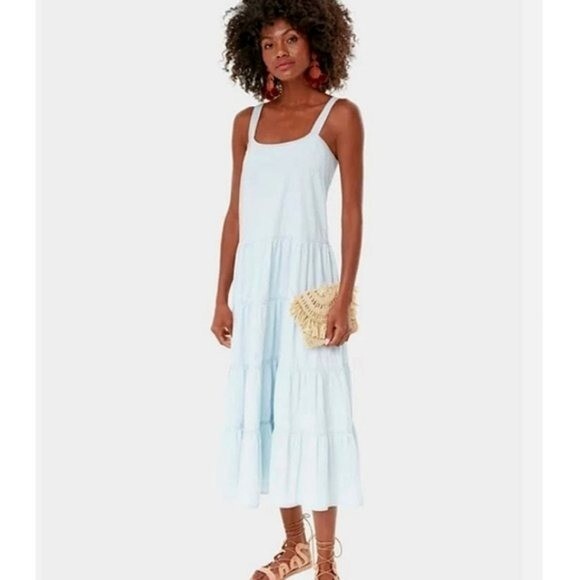 Pomander Place Lola Chambray Blue Sleeveless Tiered Casual Maxi Dress Size S